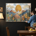 Boho Mountain Landscape Large Wall Art, Horizontal Gold Sun and Flowers Print