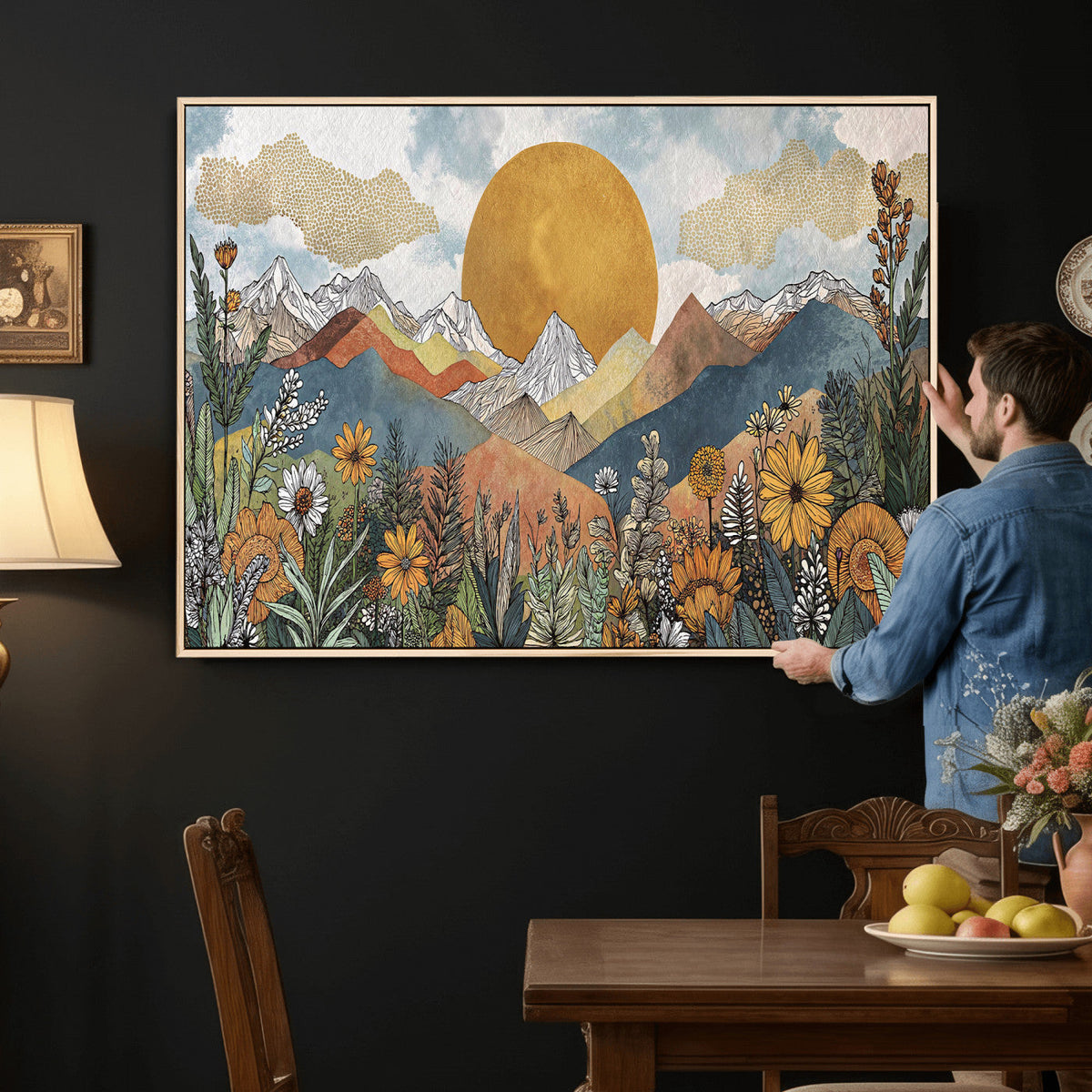 Boho Mountain Landscape Large Wall Art, Horizontal Gold Sun and Flowers Print