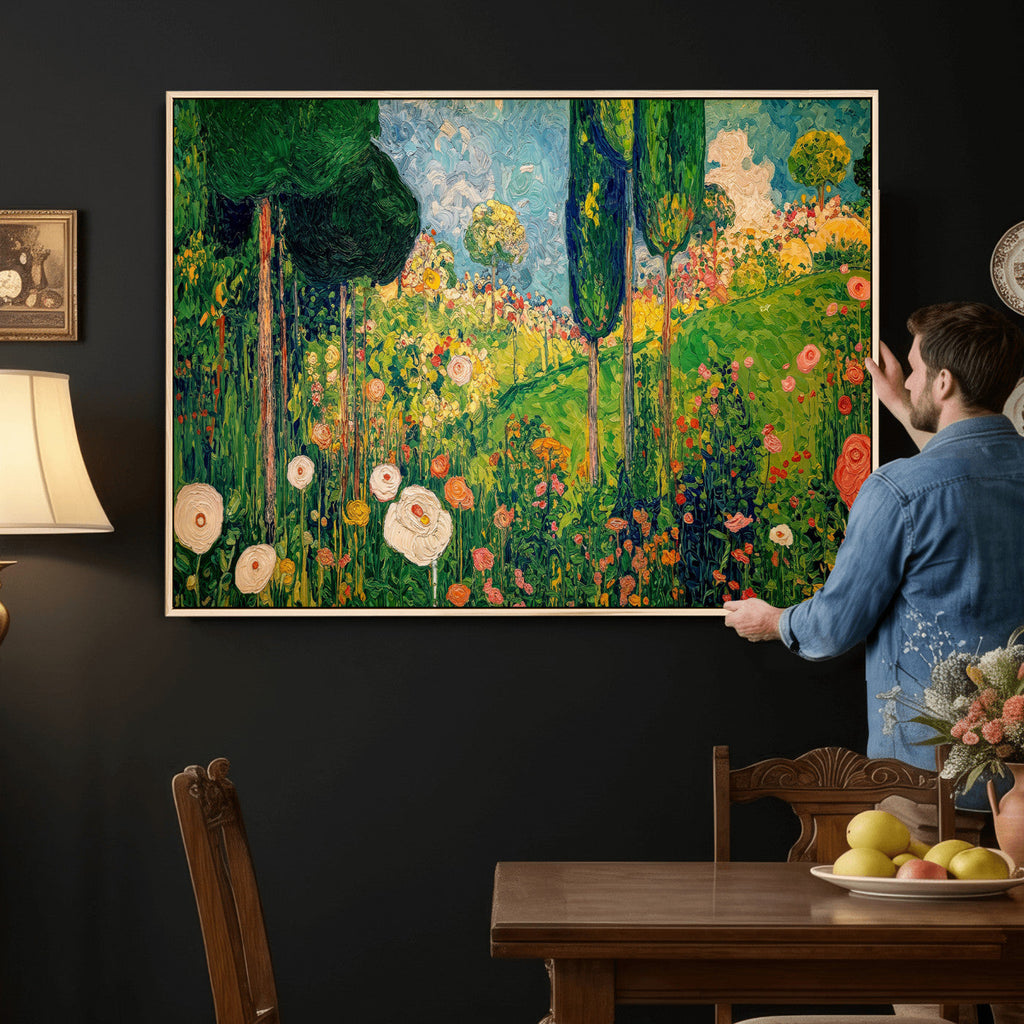 Gustav Klimt Boho Mountain Landscape Large Wall Art, Gold Sun and Flowers Print