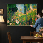 Gustav Klimt Boho Mountain Landscape Large Wall Art, Gold Sun and Flowers Print