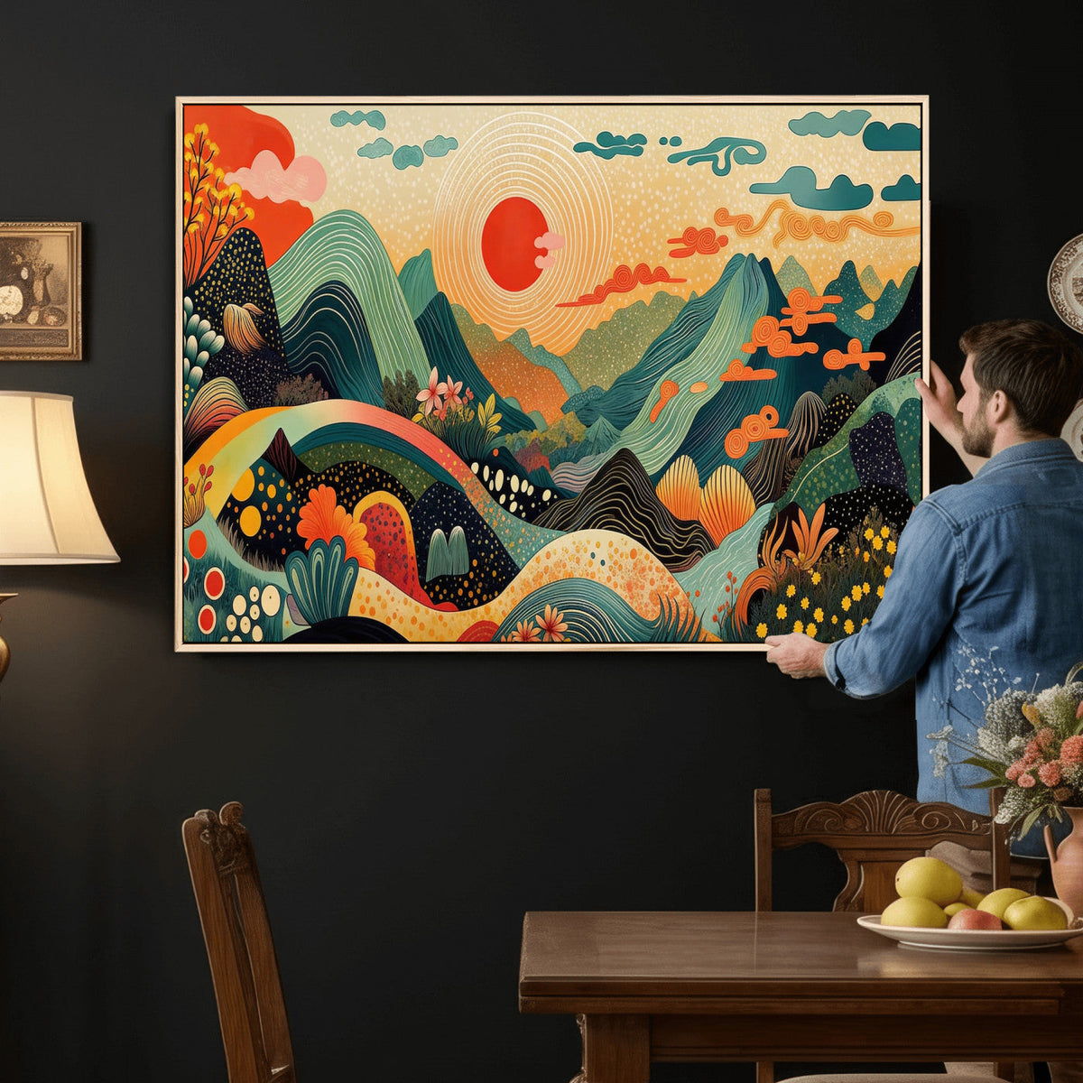 Yayoi Kusama Boho Mountain Landscape Large Wall Art, Gold Sun and Flowers Print