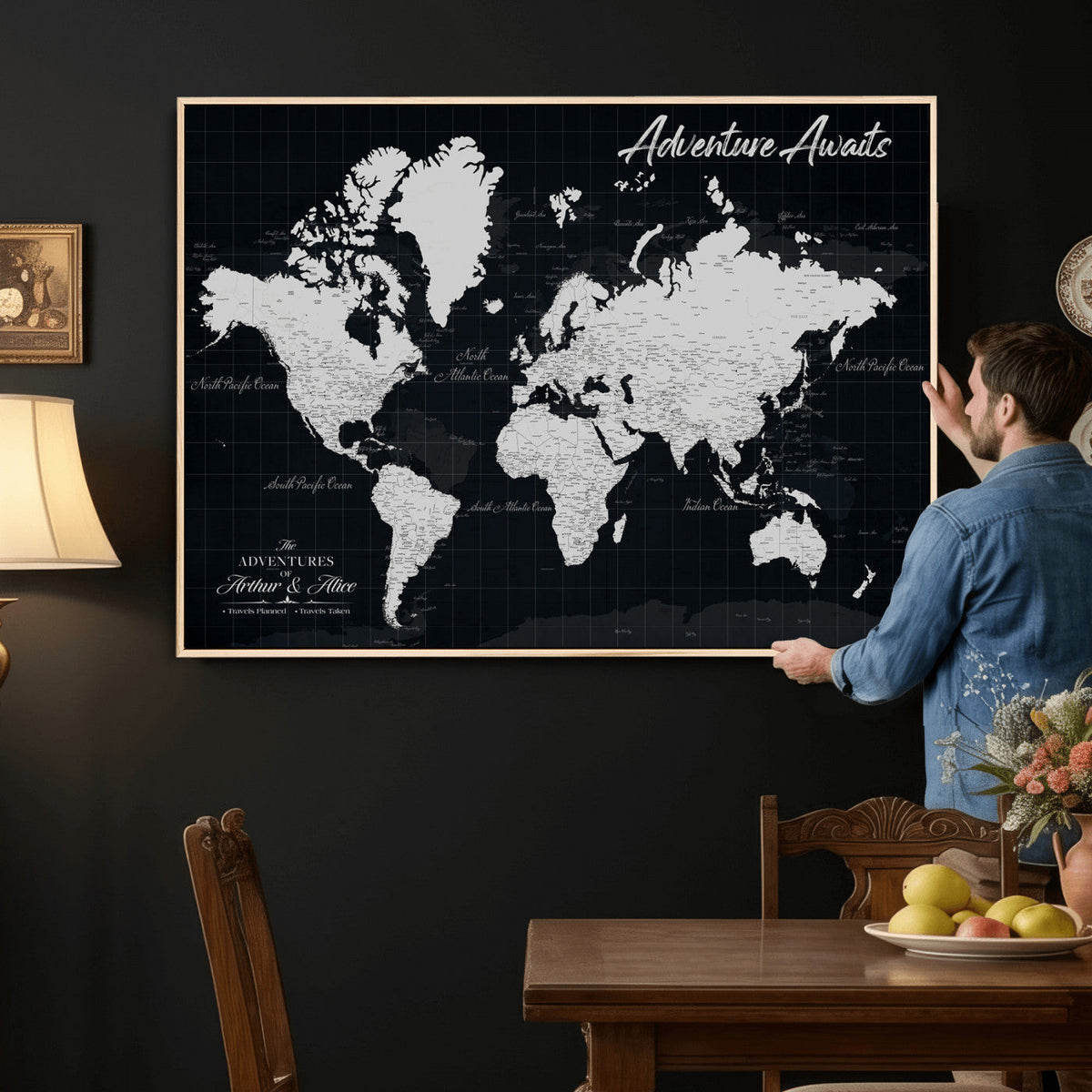 Personalized Black Push Pin Travel Map Canvas Print, Couples Countries Visited Map, Entryway and Hallway Decor
