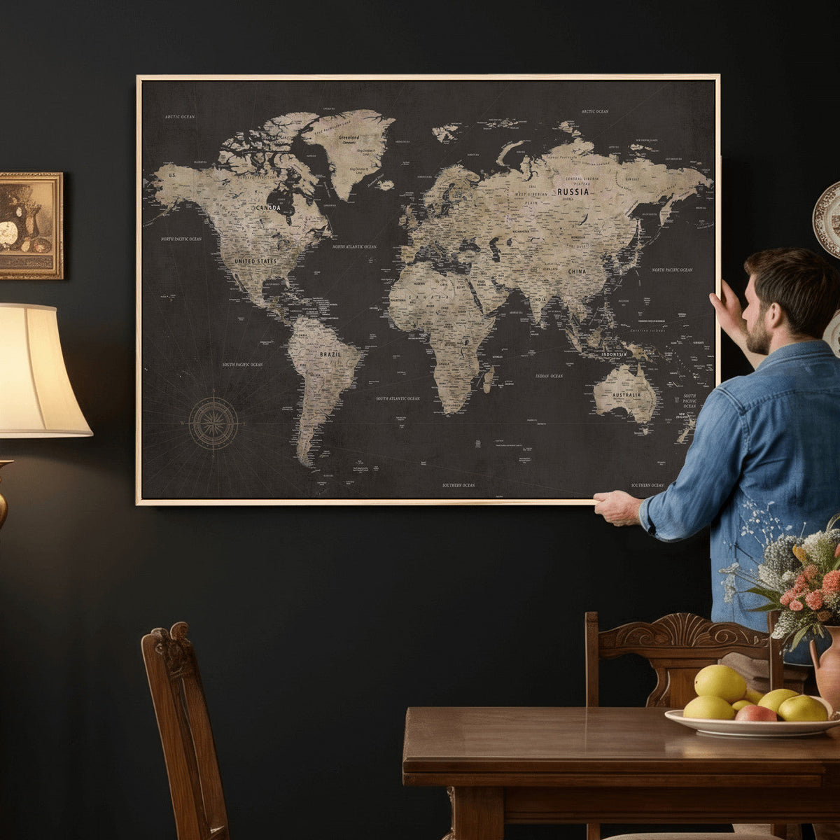 World Map Canvas Wall Art, Dark Charcoal and Antique Tan Detailed Map