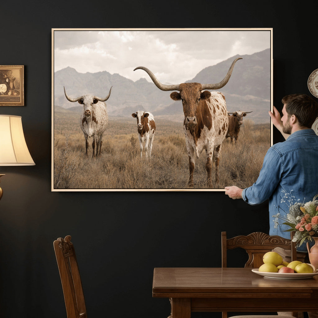 Rustic Texas Longhorn Cow Canvas Wall Art Print, Farm Animal Photography