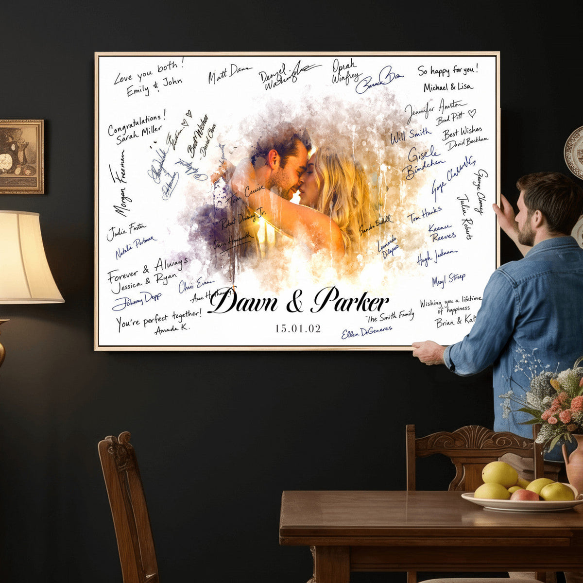 Ink Splash Wedding Guest Book Canvas, Personalized Couple Photo Sign