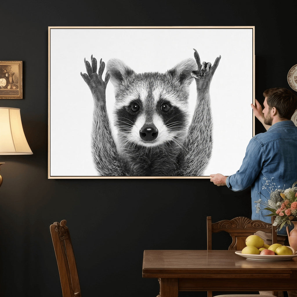 Funny Raccoon Canvas Wall Art, Black White Hands Up Animal Photo Print