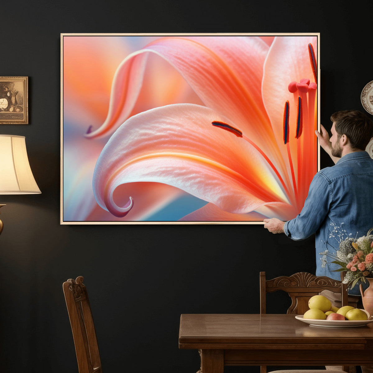 Peach Lily Canvas Wall Art, Coral Pink Flower Macro Photo Print, Botanical Decor