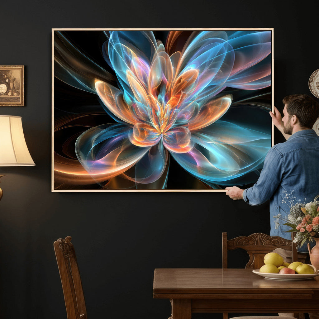 Fractal Lotus Canvas Wall Art, Blue Orange Glowing Flower Abstract Print