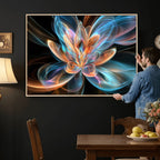 Fractal Lotus Canvas Wall Art, Blue Orange Glowing Flower Abstract Print