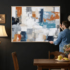 Blue Teal Abstract Canvas Wall Art, Modern Brushstroke Style Print, Navy Orange Contemporary Decor