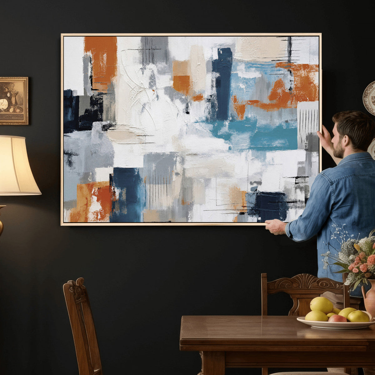 Blue Teal Abstract Canvas Wall Art, Modern Brushstroke Style Print, Navy Orange Contemporary Decor