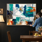 Blue Teal Abstract Canvas Wall Art, Modern Brushstroke Style Print, Navy Orange Contemporary Decor