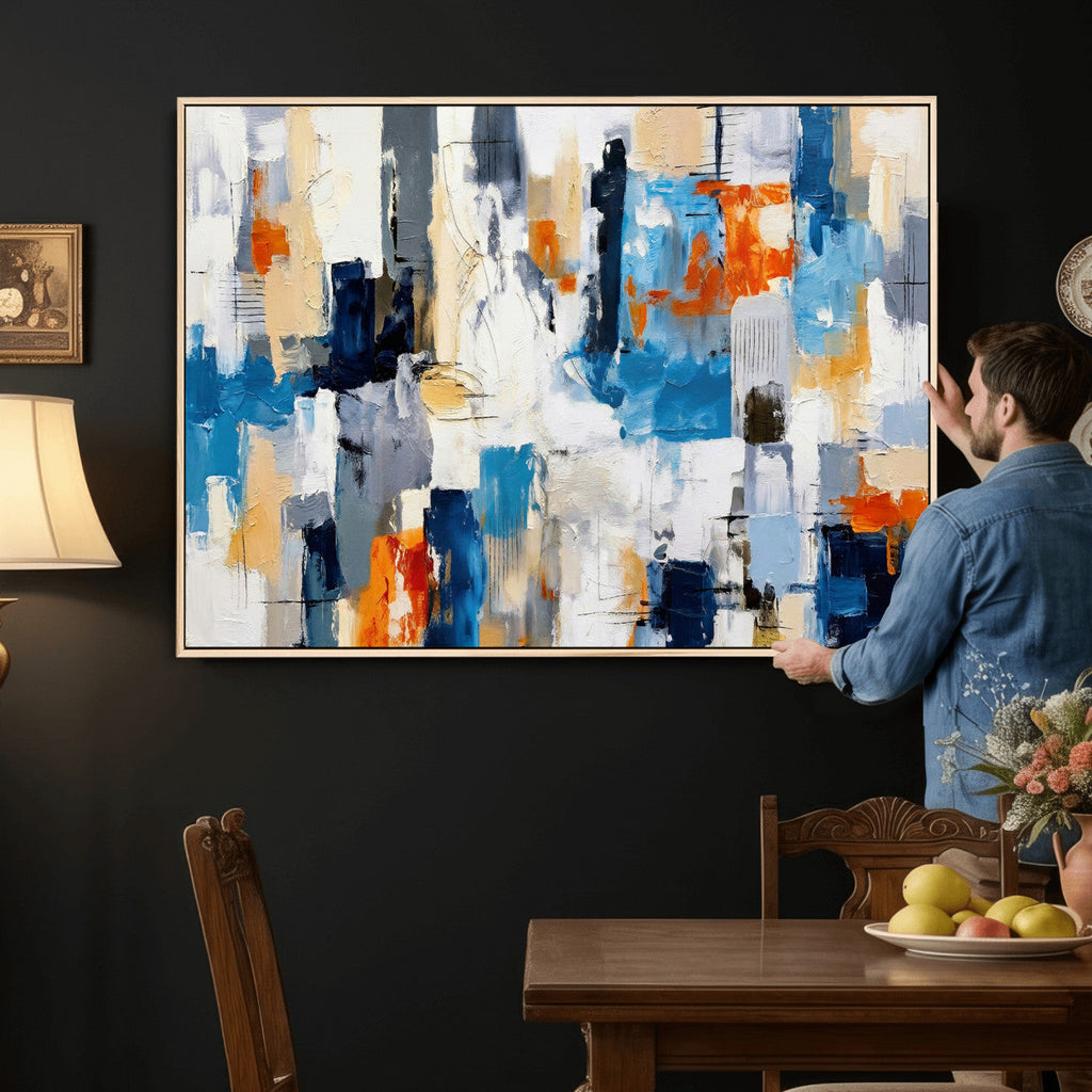 Blue Teal Abstract Canvas Wall Art, Modern Brushstroke Style Painting Print, Navy Orange Contemporary Decor