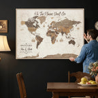 Personalized Beige Geometric Family Push Pin World Map Canvas Print, Honeymoon and Anniversary Gift, Living Room and Study Decor