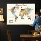 Personalized Framed Beige Modern Push Pin Travel Map Canvas Print, Family Travel Tracker, Bedroom and Home Office Decor