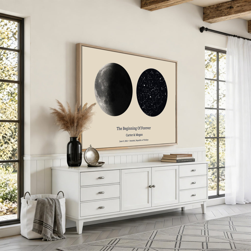 Moon and Stars Canvas Print, Personalized Moon Phase and Star Map Art