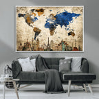 World Map Canvas Print | Vintage Blue and Gold World Map Wall Art