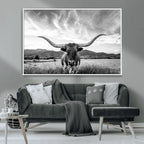 Longhorn Black and White Wall Art | Rustic Western Bull Canvas Print