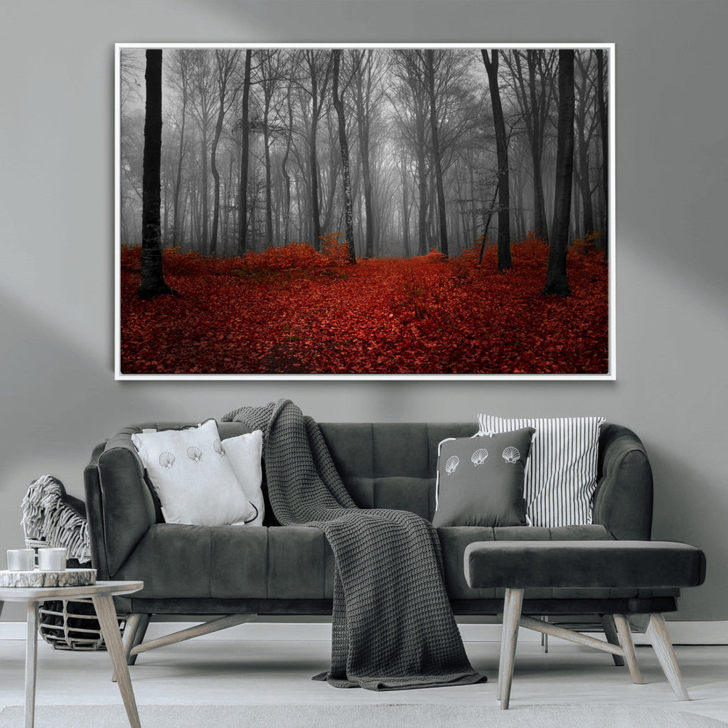 Red Forest Floor Canvas Wall Art | Mystical Foggy Woodland Triptych