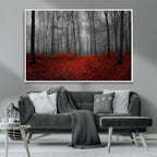 Red Forest Floor Canvas Wall Art | Mystical Foggy Woodland Triptych