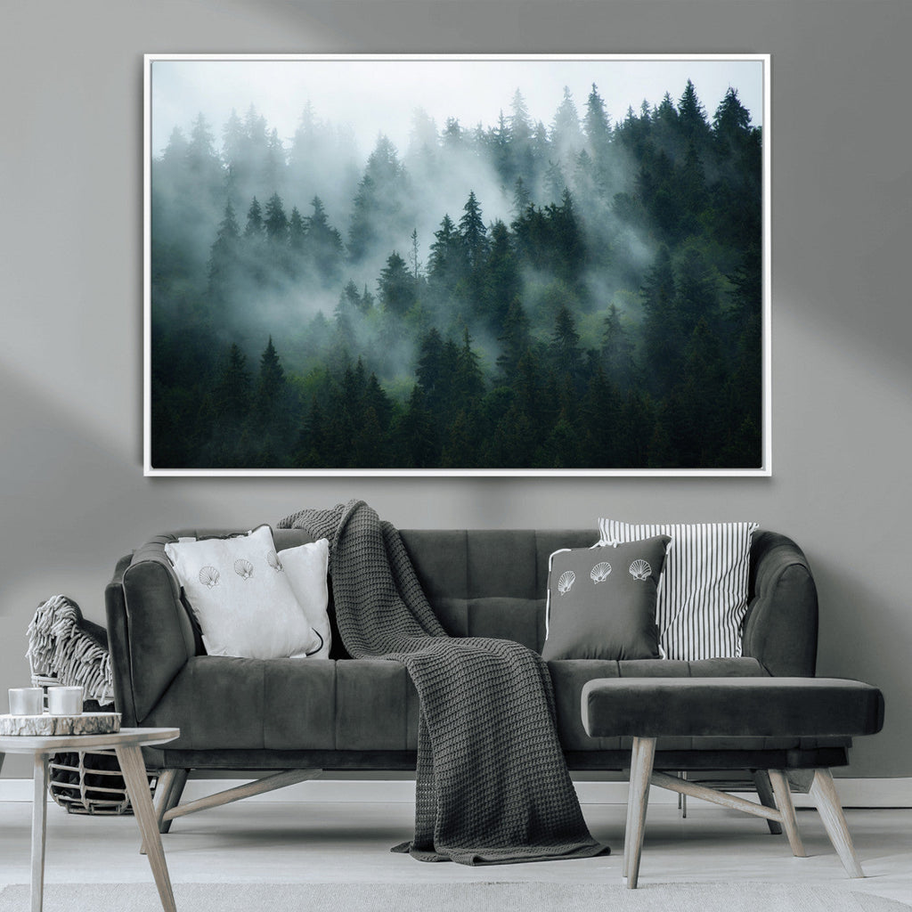 Misty Forest Wall Art | Serene Green Landscape Canvas Print