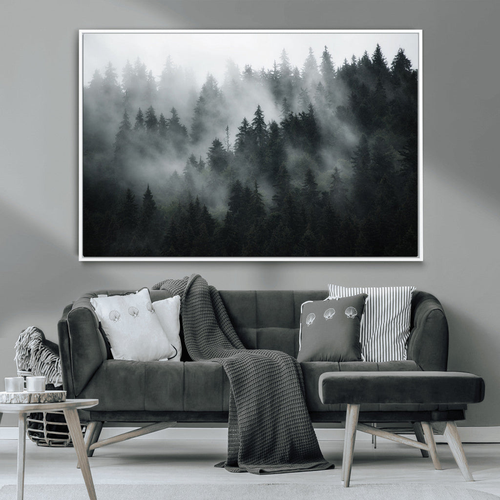 Foggy Forest Wall Art Canvas Print | 3 Panel Large Misty Landscape