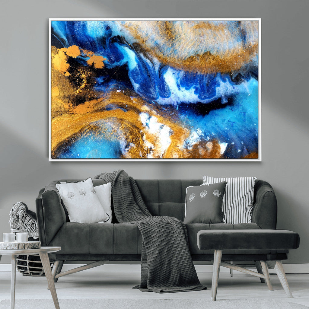 Blue Orange Marble Fluid Effect Canvas Wall Art Print