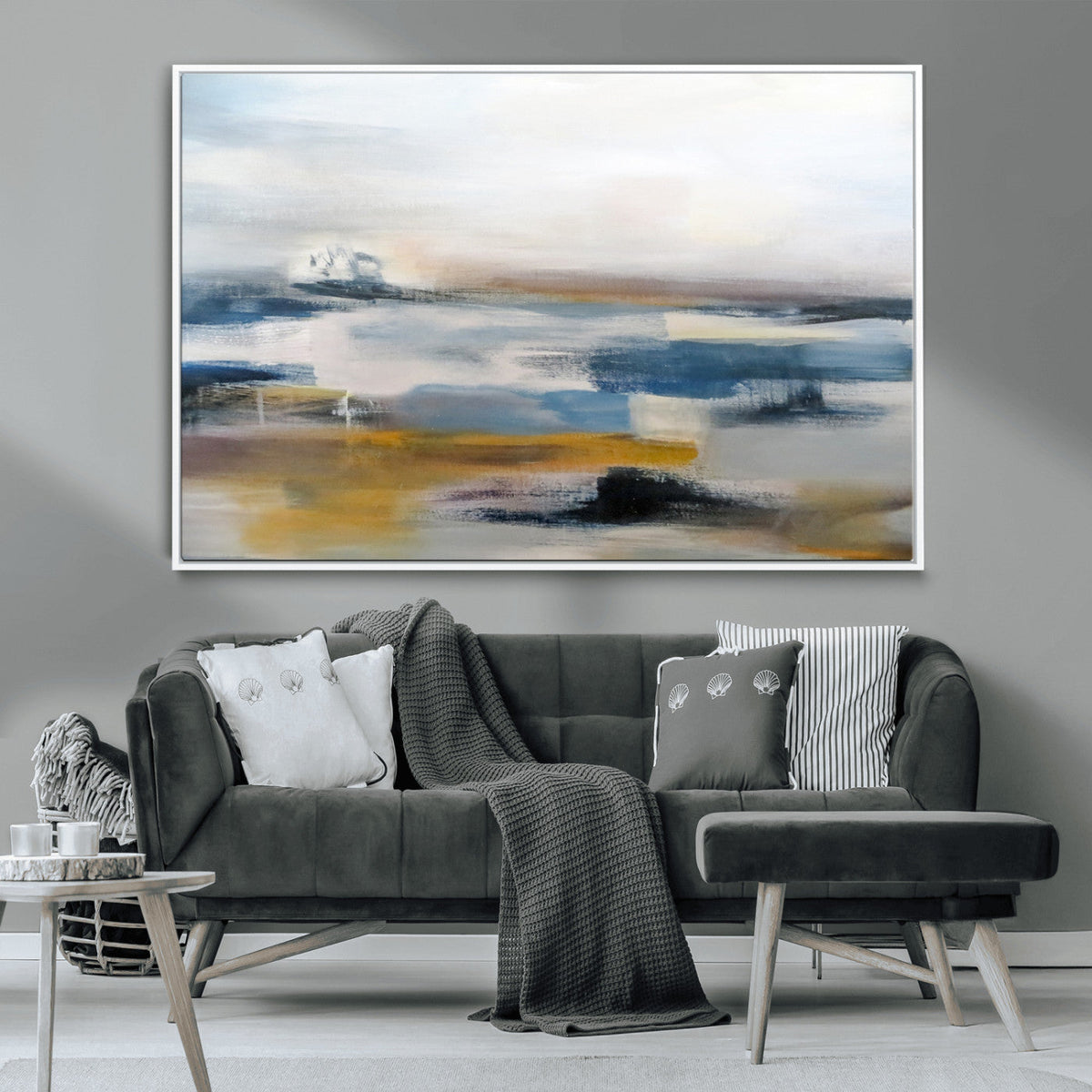 Abstract Landscape Wall Art Canvas | 3 Panel Modern Blue, Gold and White Canvas Art