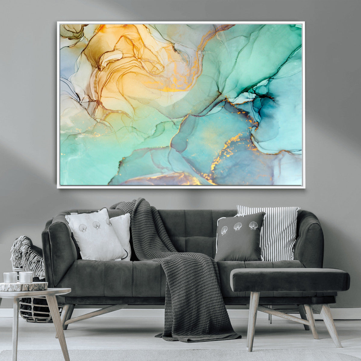 Abstract Aqua and Gold Fluid Wall Art Canvas | 3 Panel Large Canvas Print