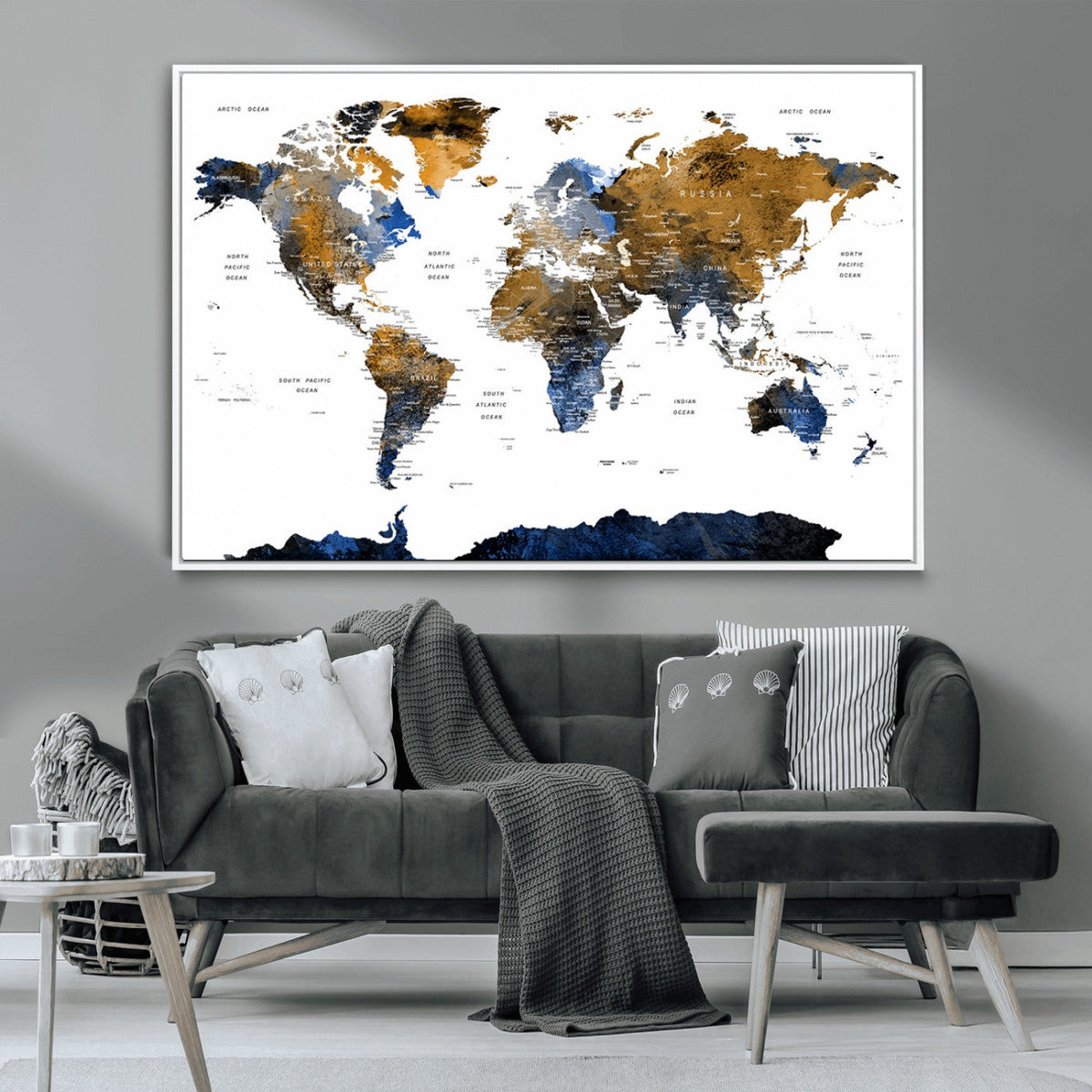 Modern Abstract World Map Canvas Wall Art | Framed Blue and Gold Map Print