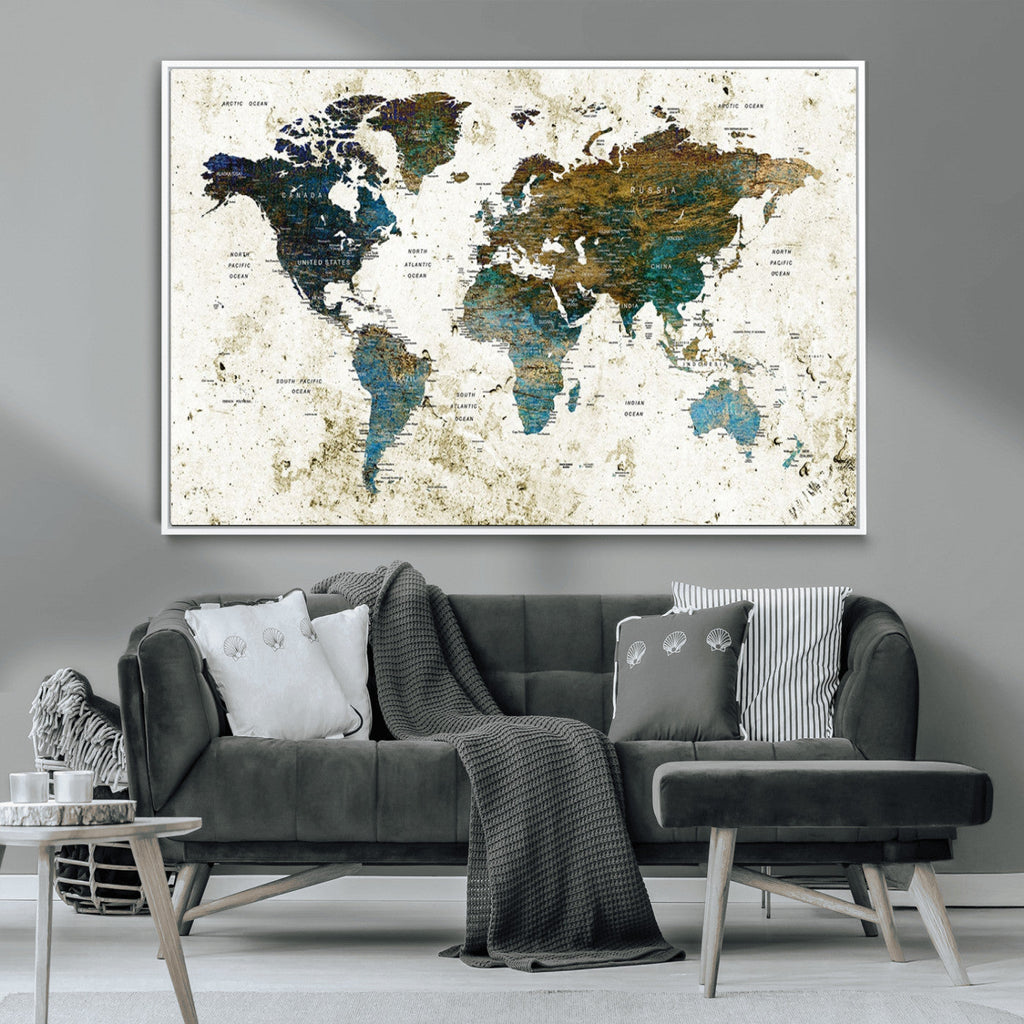 Vintage World Map Wall Art Canvas Print, Framed Rustic Earth Tone Map