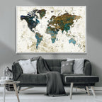 Vintage World Map Wall Art Canvas Print, Framed Rustic Earth Tone Map