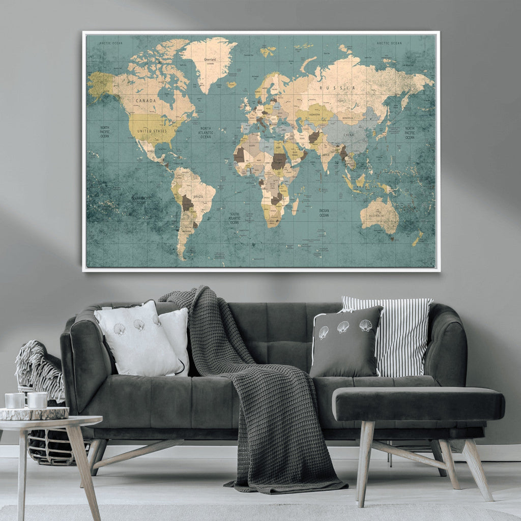 Classic World Map Canvas Print | Framed Vintage Map Wall Art