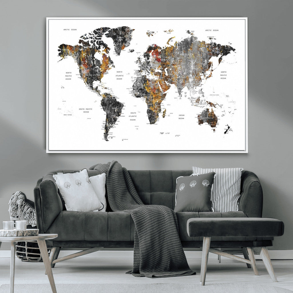 Modern Metallic World Map Canvas Wall Art | Framed Contemporary World Map Print