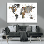Modern Metallic World Map Canvas Wall Art | Framed Contemporary World Map Print