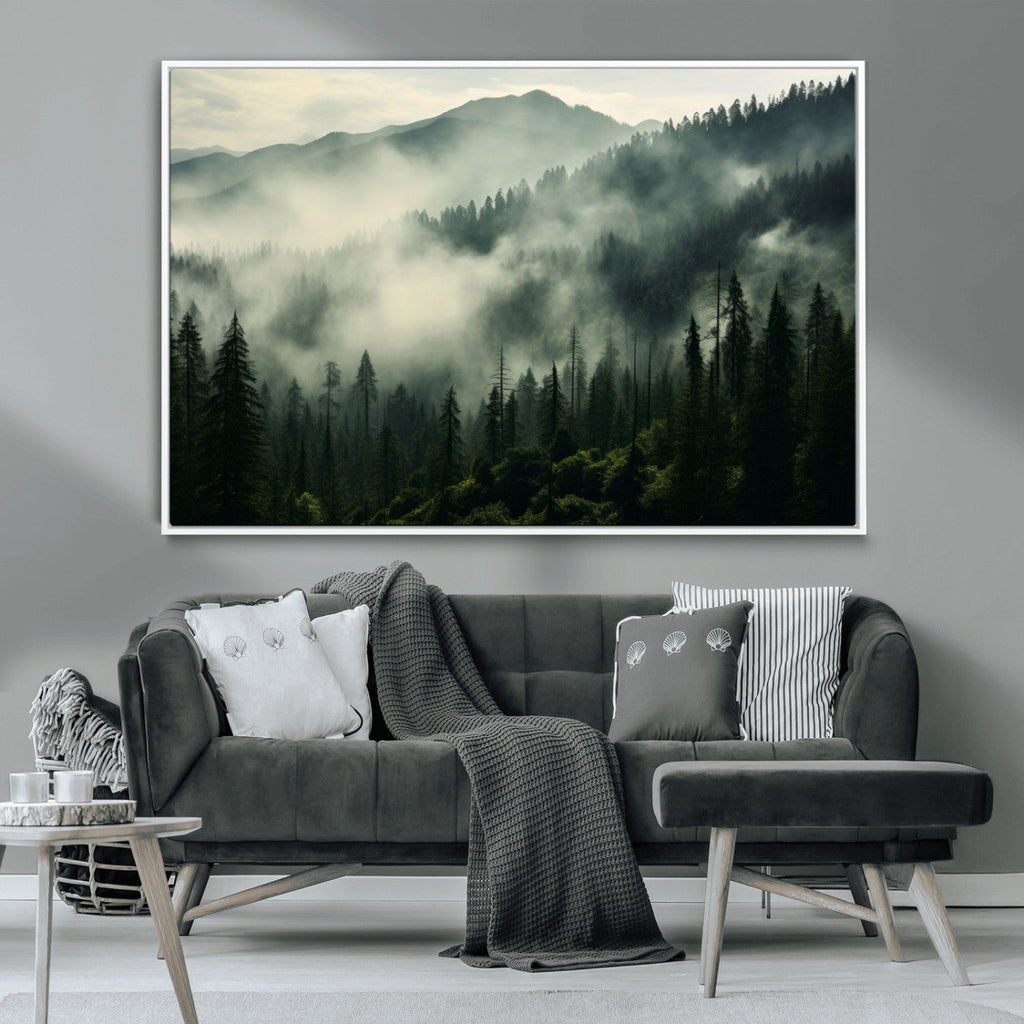 Captivating Misty Forest Wall Art Premium Canvas Print, A Foggy and Serene Atmosphere