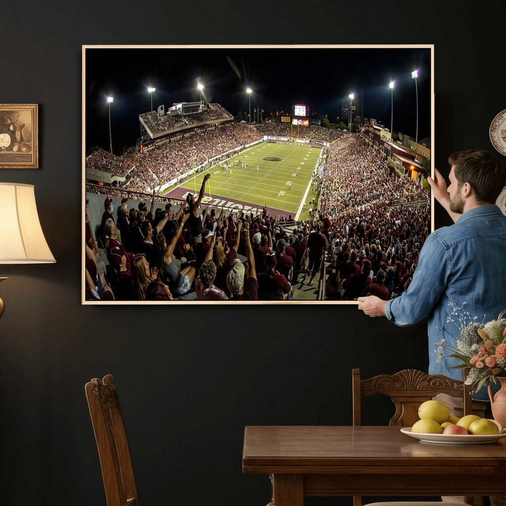 Washington-Grizzly Stadium Canvas Wall Art | Exciting Game Night Atmosphere in Panoramic View