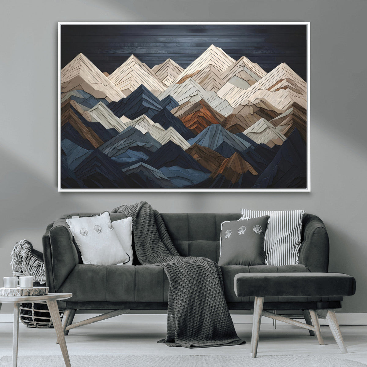 Rustic Mountain Landscape Wall Art Canvas Print, Framed 3D Wooden Effect Mountain Art