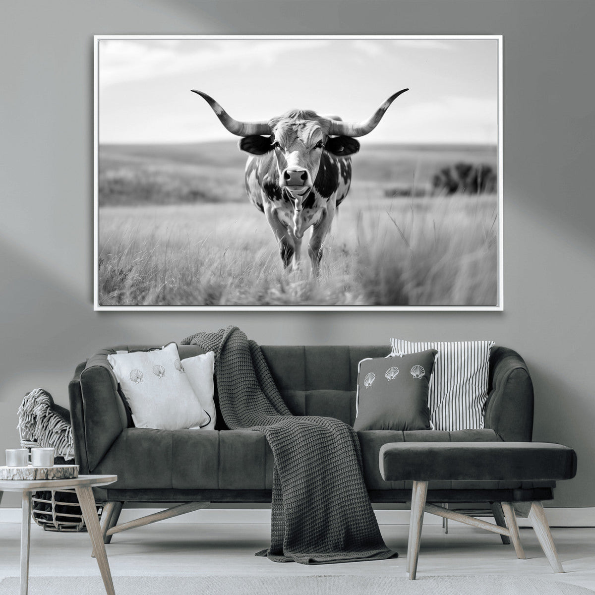 Texas Cow Longhorn Wall Art Canvas Print for Farm House Wall Art, Framed and Ready to Hang