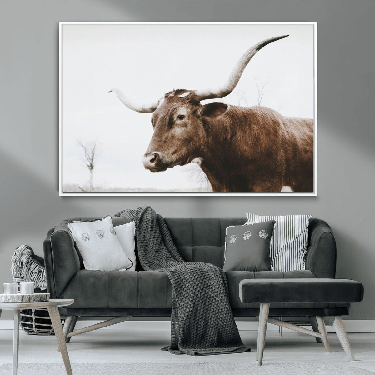 Rustic Bull Wall Art Canvas Print, Modern Longhorn Farmhouse Animal Decor