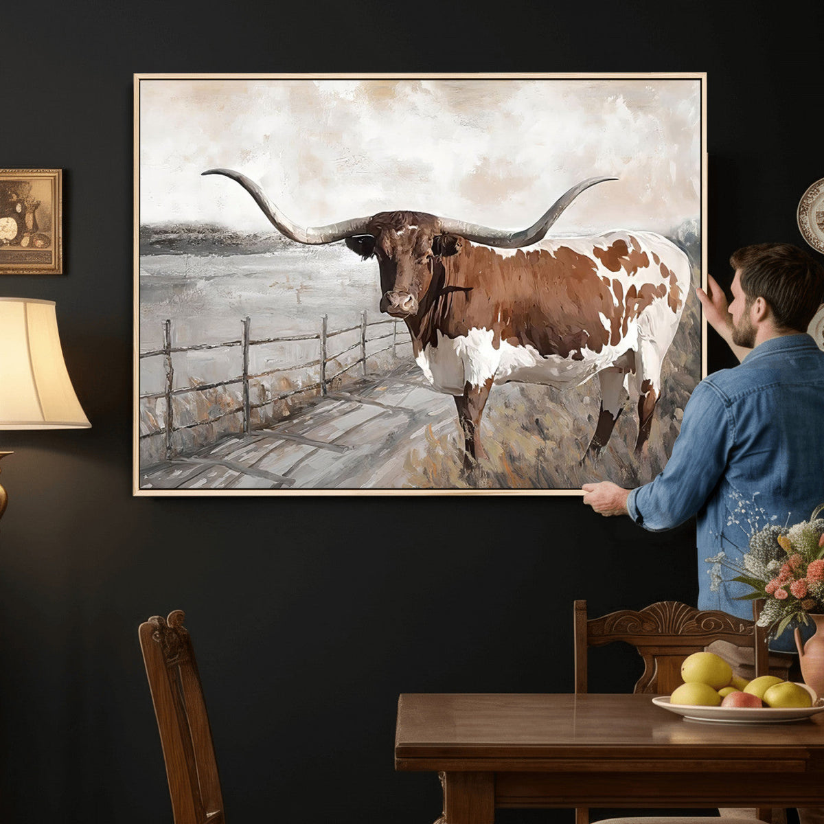 Vintage Texas Cow Wall Art Canvas Print, Rustic Longhorn