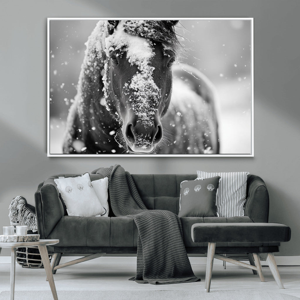 Black and White Horse Winter Wall Art, Ready to Hang