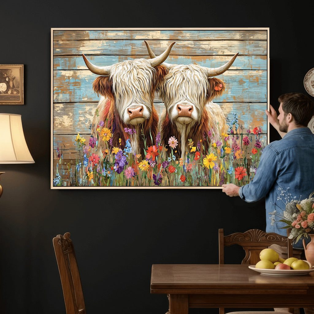 Cute Highland Cow Canvas Wall Art - Rustic Farmhouse Decor