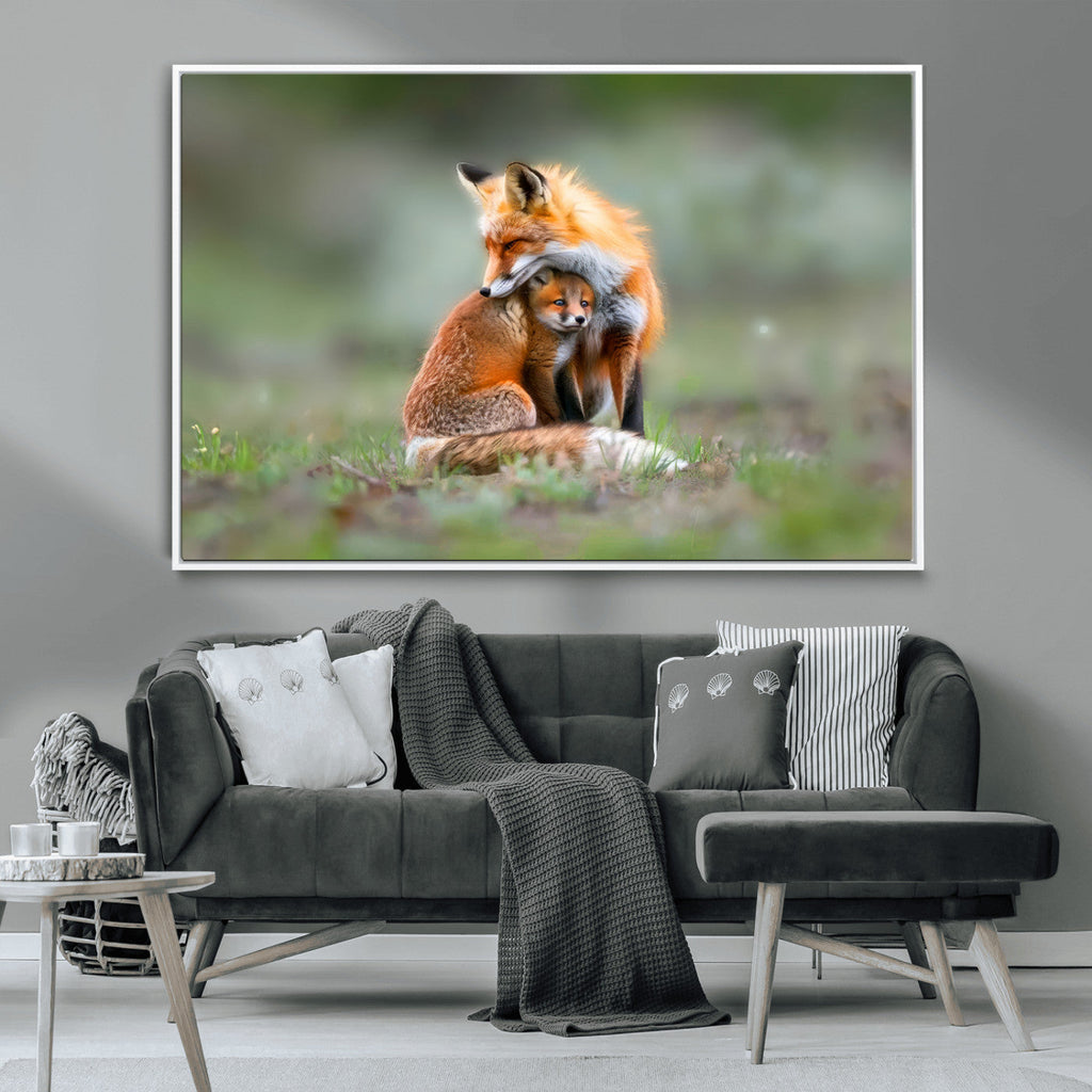 Heartwarming Fox and Baby Cub Wall Art | Canvas Print of Foxes in Nature
