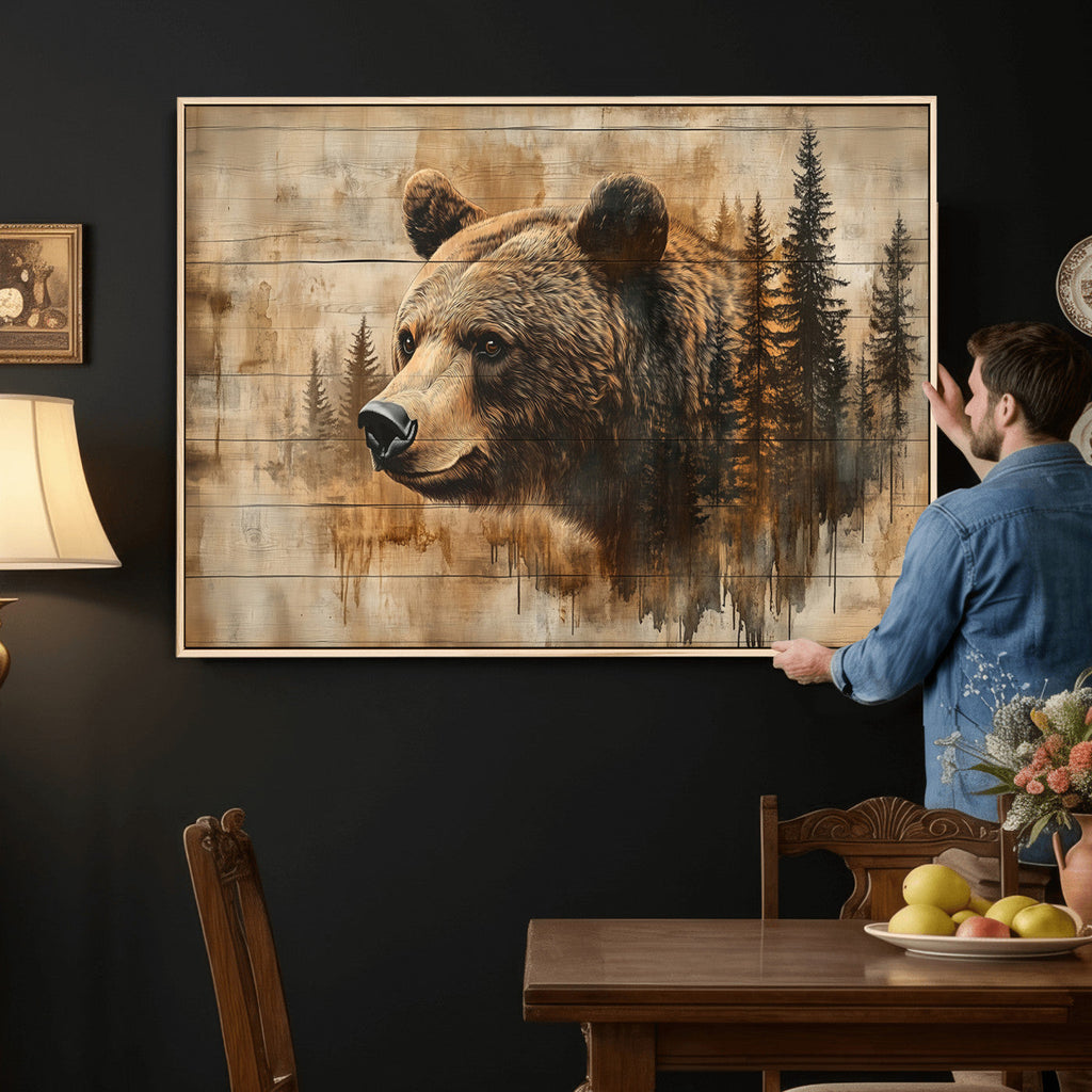 Rustic Grizzly Bear Wall Art, Abstract Grizzly 399 Bear Canvas Print, Woodland Wildlife