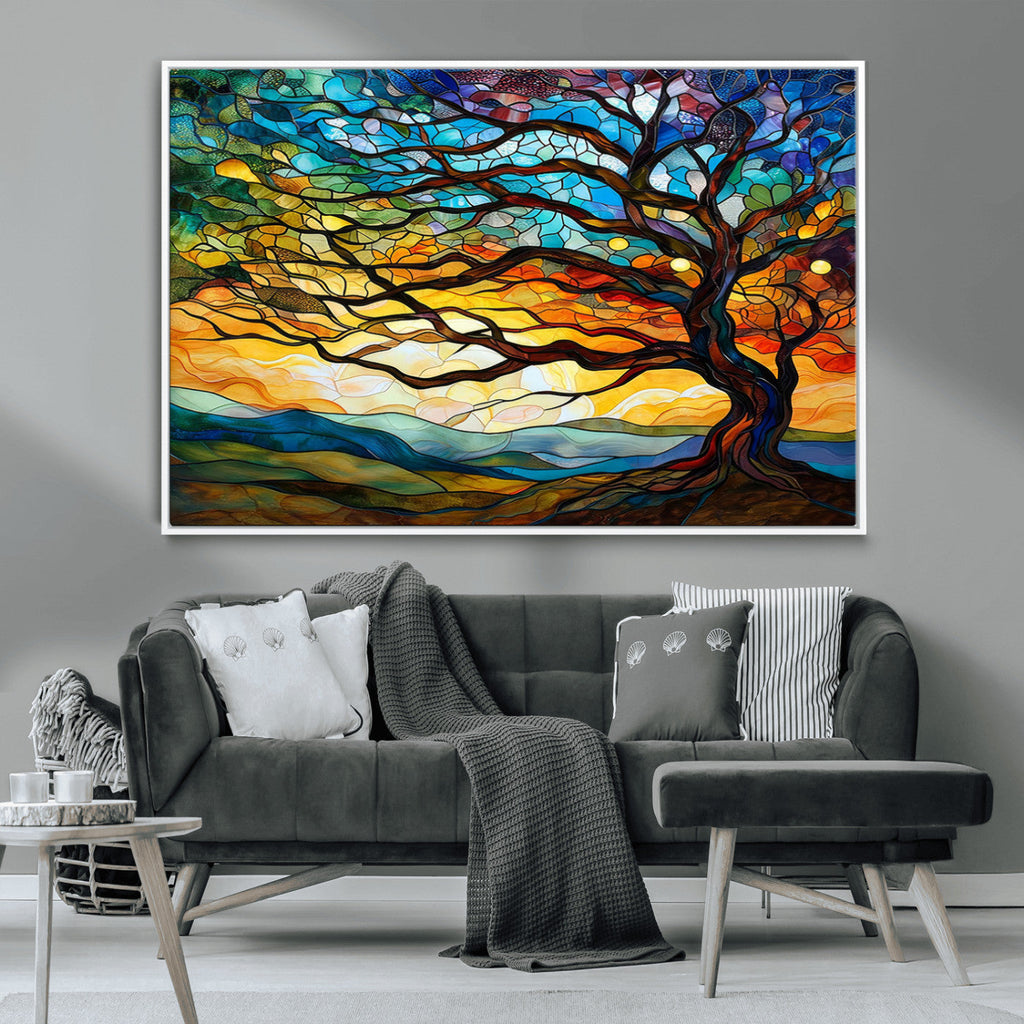 Vibrant Mosaic Tree of Life Wall Art, Stained Glass Style Canvas Print