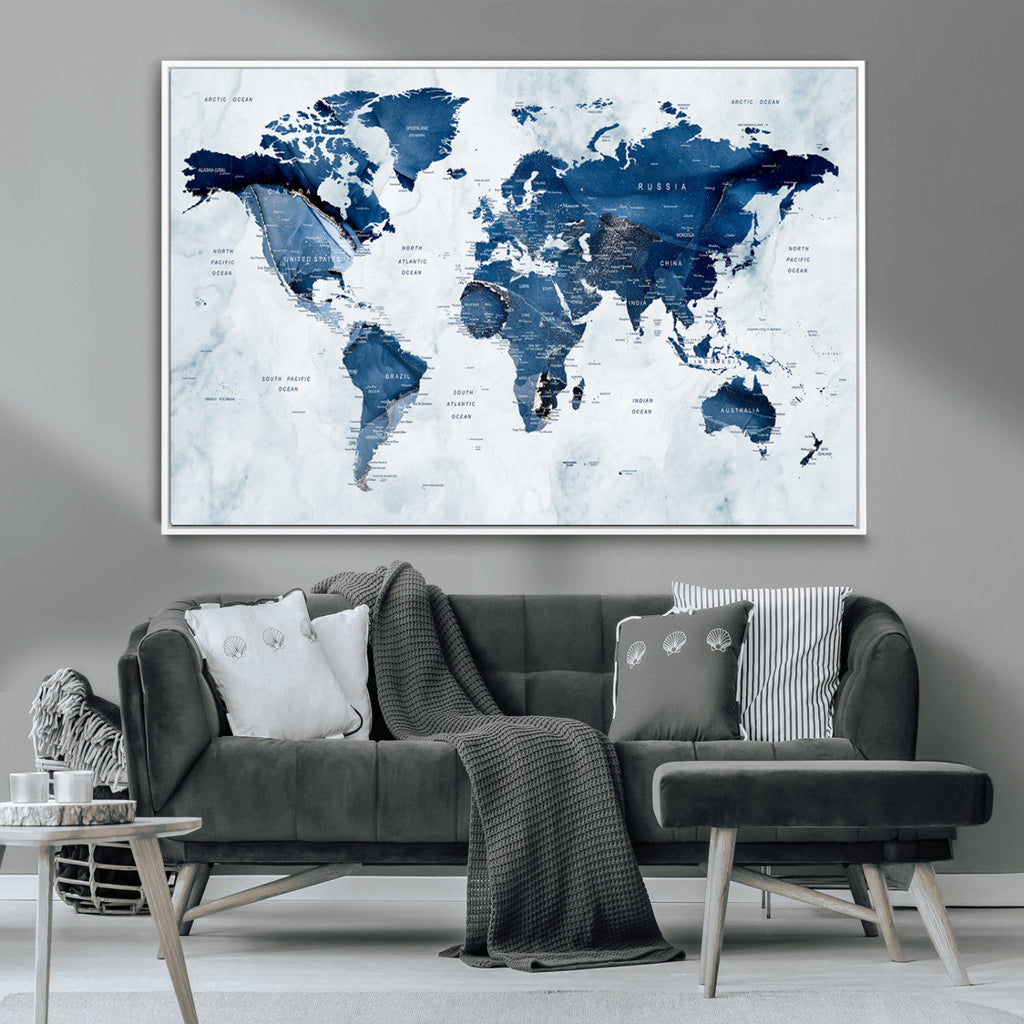 Modern Blue World Map Canvas Print | Elegant Travel Map Wall Art for Home Office