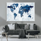 Modern Blue World Map Canvas Print | Elegant Travel Map Wall Art for Home Office