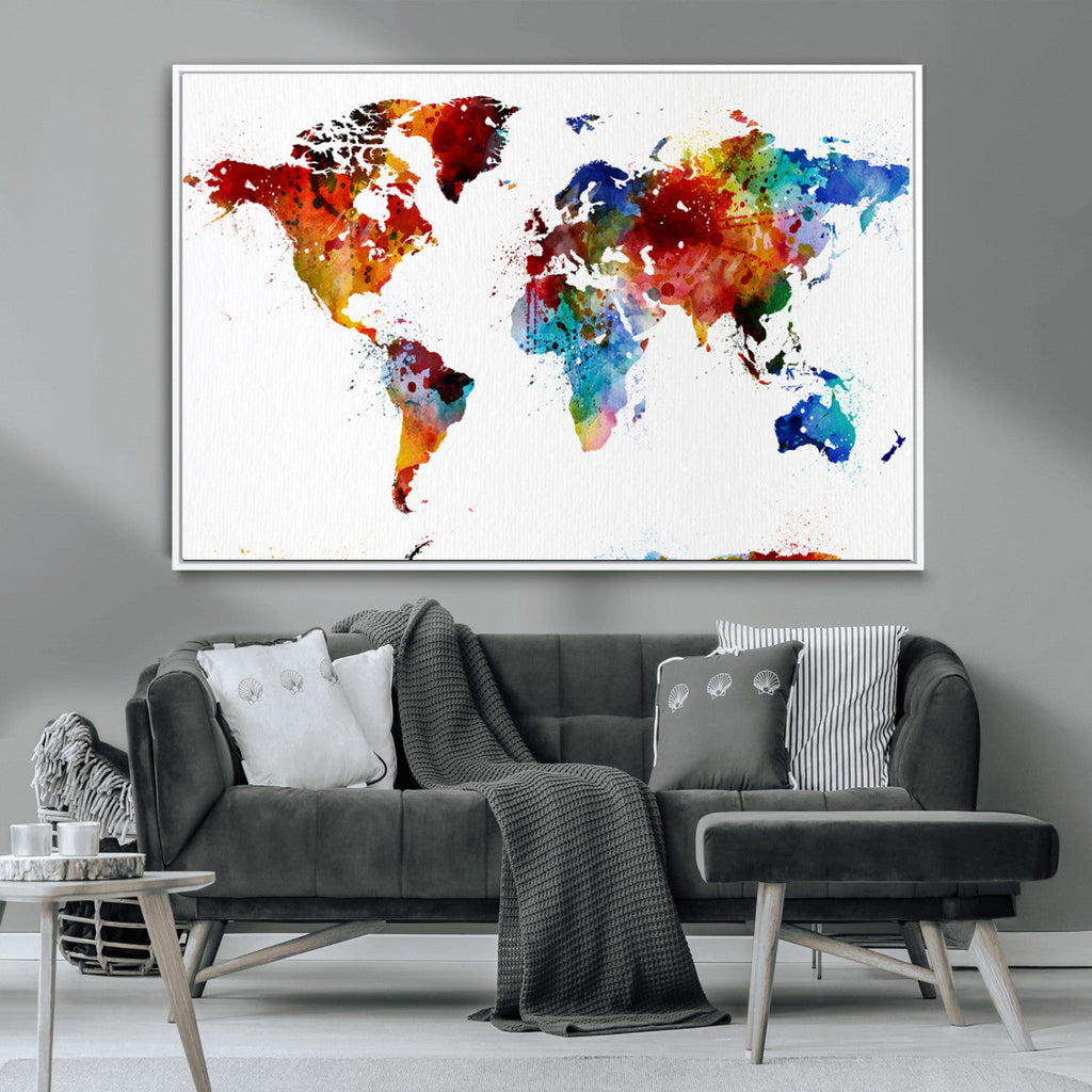 Colorful World Map Canvas Wall Art Print, Contemporary Global Map Artwork
