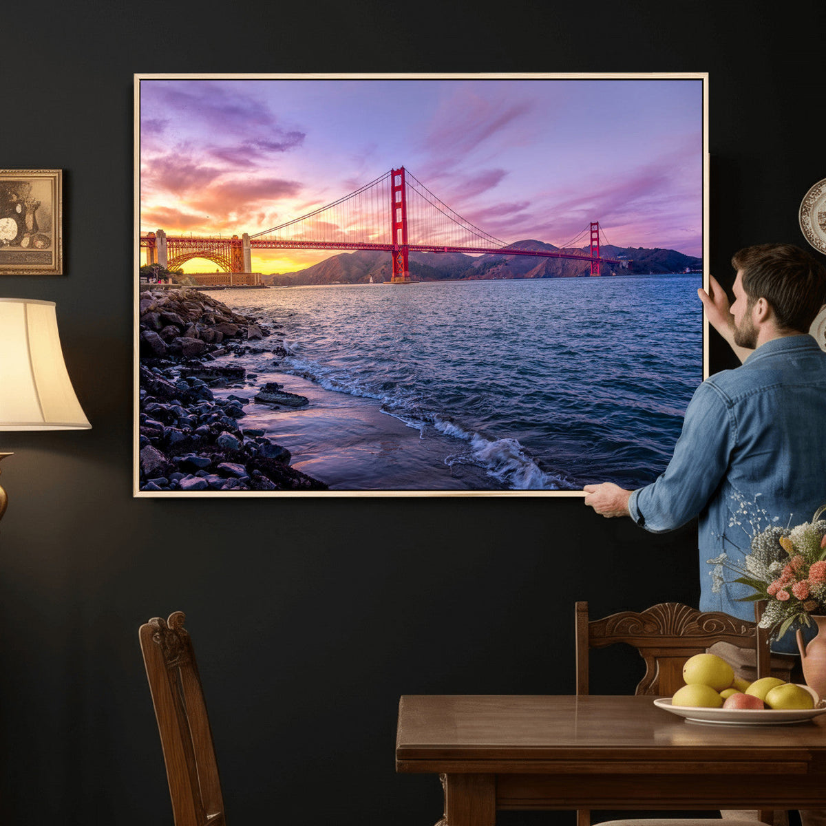 Golden Gate Bridge Wall Art Canvas Print, Framed San Francisco Sunset Landmark